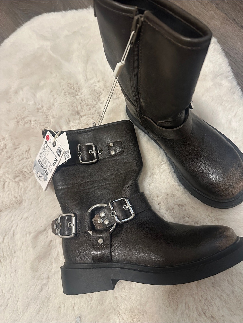 ZARA Brown Leather Buckle Moto Boots girls 12.5 - Picture 3 of 4